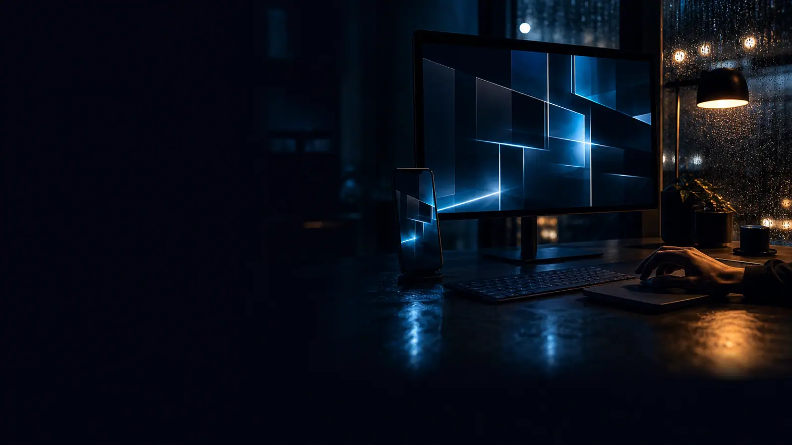 Premium-Website auf Laptop, Tablet und Smartphone vor nächtlicher Skyline — Webdesign aus Lüdenscheid
